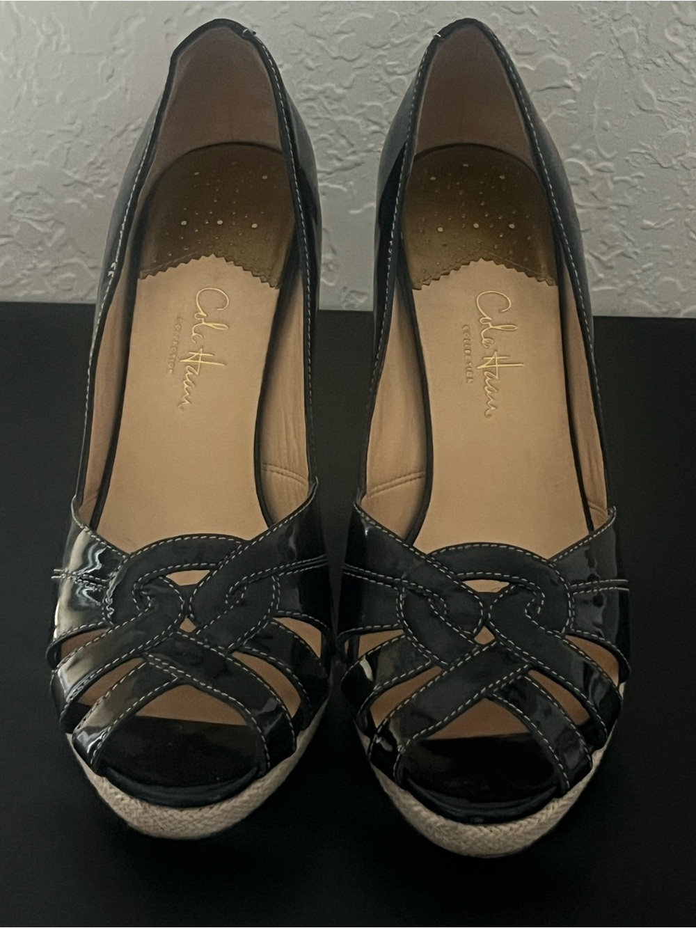 Cole Haan Black Patent Peep-Toe Espadrille Wedge Sandals
